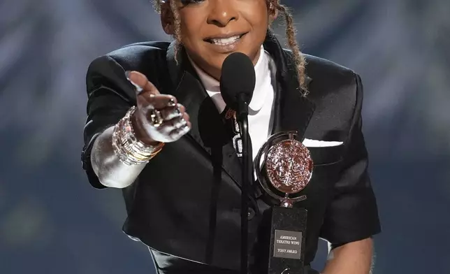 Kara Young accepts the award for best performance by an actress in a featured role in a play for "Purpose" during the 78th Tony Awards on Sunday, June 8, 2025, at Radio City Music Hall in New York. (Photo by Charles Sykes/Invision/AP)