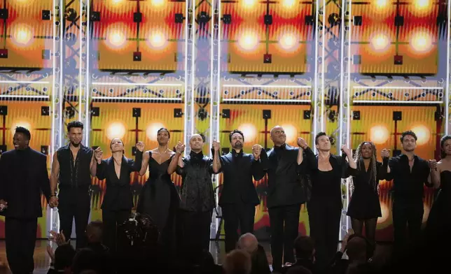 Leslie Odom Jr., from left, Sydney James Harcourt, Morgan Marcell, Renee Elise Goldsberry, Seth Stewart, Lin-Manuel Miranda, Christopher Jackson, Jon Rua, Ariana DeBose, Neil Haskell, and Phillipa Soo perform a medley from "Hamilton" during the 78th Tony Awards on Sunday, June 8, 2025, at Radio City Music Hall in New York. (Photo by Charles Sykes/Invision/AP)