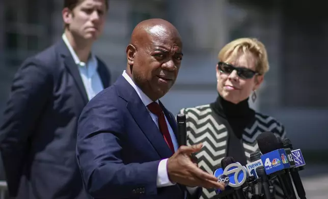 Newark Mayor Ras Baraka speaks next to civil rights attorney Nancy Erika Smith, right, as they attend a press conference regarding his May 9th arrest at Delaney Hall, outside U.S. District Court for the District of New Jersey Tuesday, June 3, 2025, in Newark N.J. (AP Photo/Kena Betancur)