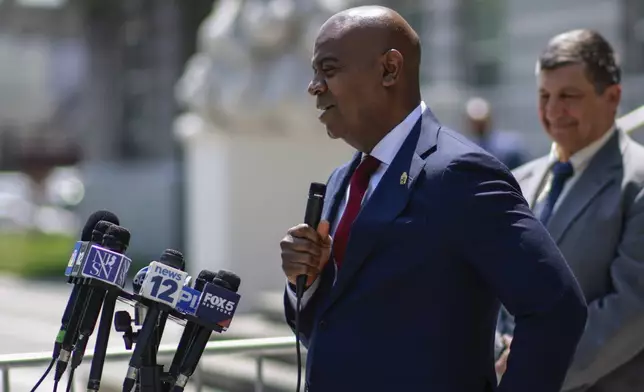 Newark Mayor Ras Baraka speaks during a press conference regarding his May 9th arrest at Delaney Hall, outside U.S. District Court for the District of New Jersey, Tuesday, June 3, 2025, in Newark, N.J. (AP Photo/Kena Betancur)