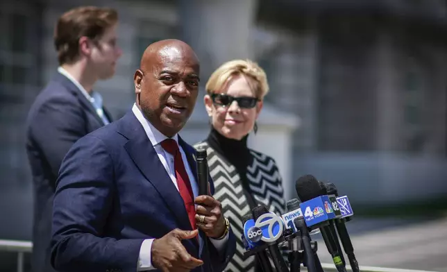 Newark Mayor Ras Baraka speaks next to civil rights attorney Nancy Erika Smith, right, as they attend a press conference regarding his May 9th arrest at Delaney Hall, outside U.S. District Court for the District of New Jersey Tuesday, June 3, 2025, in Newark, N.J. (AP Photo/Kena Betancur)