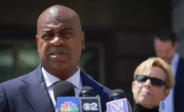 Newark Mayor Ras Baraka speaks next to civil rights attorney Nancy Erika Smith, right, as they attend a press conference regarding his May 9th arrest at Delaney Hall, outside U.S. District Court for the District of New Jersey Tuesday, June 3, 2025, in Newark, N.J. (AP Photo/Kena Betancur)