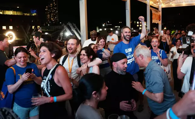 Supporters of Democratic mayoral candidate Zohran Mamdani cheer as they watch results come in at his primary election party, Tuesday, June 24, 2025, in New York. (AP Photo/Heather Khalifa)