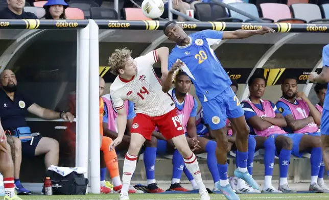 Curacao's Joshua Brenet (20) headers the ball over Canada's Jacob Shaffelburg (14) during a CONCACAF Gold Cup soccer match Saturday, June 21, 2025, in Houston, Texas. (AP Photo/Michael Wyke)