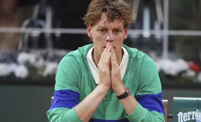 Second placed Italy's Jannik Sinner reacts after the final match of the French Tennis Open against Spain's Carlos Alcaraz at the Roland-Garros stadium in Paris, Sunday, June 8, 2025. (AP Photo/Lindsey Wasson)
