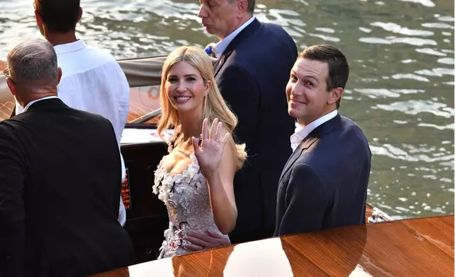 US President Donald Trump's daughter Ivanka Trump, center, waves as she and her husband Jared Kushner, right, arrive in Venice, Italy, Thursday, June 26, 2025, ahead of Jeff Bezos' wedding. (AP Photo/Luigi Costantini)