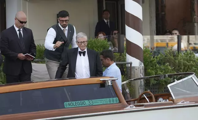 Bill Gates leaves a hotel ahead of the anticipated wedding celebrations of Jeff Bezos and Lauren Sanchez, in Venice, Italy, Friday, June 27, 2025. (AP Photo/Antonio Calanni)