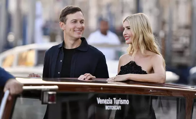 Ivanka Trump, right, and Jared Kushner leave a hotel during celebrations for Jeff Bezos and Lauren Sanchez Bezos' wedding, in Venice, Saturday, June 28, 2025. (AP Photo/Luigi Costantini)