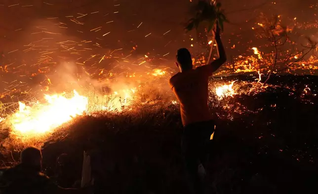 A man uses a branch to battle against a large wildfire burning in Kofinas, on the eastern Aegean island of Chios, Greece, late Sunday, June 22, 2025. (Pantelis Fykaris/Politischios.gr via AP)