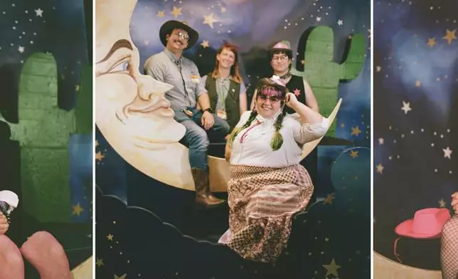 This combination of photos shows images taken with a film camera of people posing for photos during a "Pink Pony Prom" on Friday, May 30, 2025, in Portland, Ore. (AP Photo/Jenny Kane)