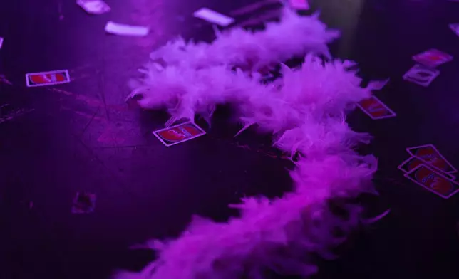 A feather boa is seen on stage during a "Pink Pony Prom" held to celebrate teen and young adult members of the LGBTQ+ community on Friday, May 30, 2025, in Portland, Ore. (AP Photo/Jenny Kane)