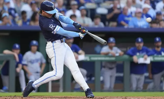 Kansas City Royals' Bobby Witt Jr. hits a two-run home run during the second inning of a baseball game against the Los Angeles Dodgers, Friday, June 27, 2025, in Kansas City, Mo. (AP Photo/Charlie Riedel)