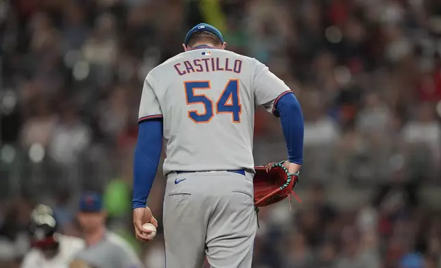 New York Mets pitcher José Castillo (54) works on the mound against the Atlanta Braves in the sixth inning of a baseball game, Wednesday, June 18, 2025, in Atlanta. (AP Photo/Mike Stewart)