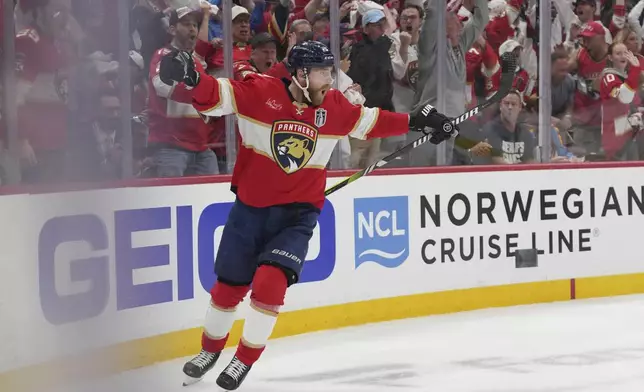 Florida Panthers center Sam Bennett (9) celebrates after scoring a goal during the second period of Game 3 of the NHL Stanley Cup final against the Edmonton Oilers Monday, June 9, 2025, in Sunrise, Fla. (AP Photo/Lynne Sladky)