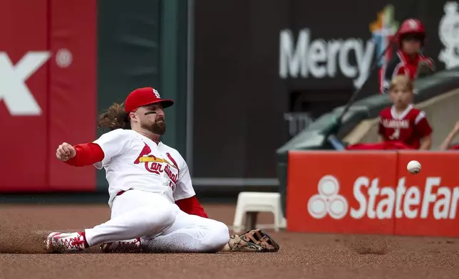 St. Louis Cardinals' Ryan Vilade is unable to catch a foul ball hit by Kansas City Royals' Bobby Witt Jr. during the third inning in the first baseball game of a doubleheader, Thursday, June 5, 2025, in St. Louis. (AP Photo/Scott Kane)