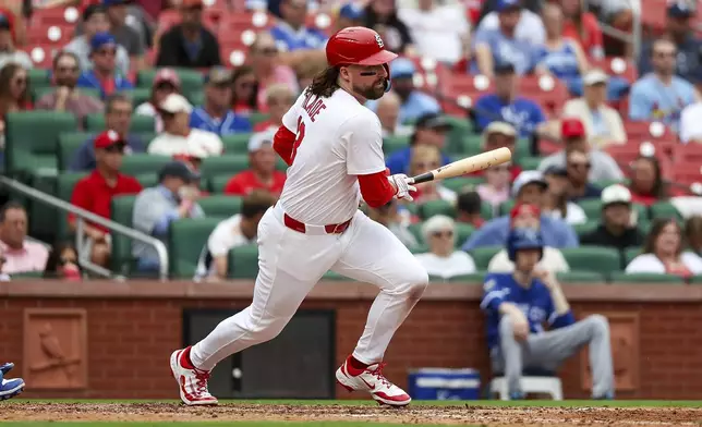 St. Louis Cardinals' Ryan Vilade follows through on a single during the seventh inning in the first baseball game of a doubleheader against the Kansas City, Royals, Thursday, June 5, 2025, in St. Louis. (AP Photo/Scott Kane)