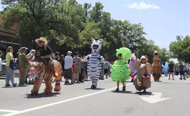 Crowds dressed in inflatable costumes participate in the 'Rhino Rumble Road Race' to celebrate the 30th anniversary of the film 'Jumanji' in downtown Keene, N.H. on Saturday, June 21, 2025. (AP Photo/Leah Willingham)