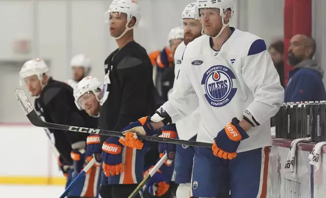 Edmonton Oilers forward Corey Perry take part in a drill during practice at the NHL Stanley Cup Finals in Fort Lauderdale, Fla., Tuesday, June 10, 2025.(Nathan Denette/The Canadian Press via AP)