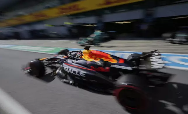 Red Bull driver Max Verstappen of the Netherlands exits the pit lane during the qualifying at the Red Bull Ring racetrack, ahead of the Austrian Formula One Grand Prix in Spielberg, Austria, Saturday, June 28, 2025. (AP Photo/Darko Bandic pool, Pool)