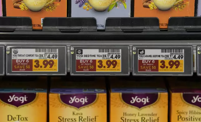 Electronic grocery labels are displayed at a Kroger grocery store, in Monroe, Ohio, Nov. 13, 2024. (AP Photo/Jeff Dean)