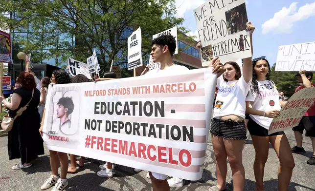 Supporters gather outside federal court in support of Marcelo Gomes da Silva, who was arrested on his way to volleyball practice last weekend, on Thursday, June 5, 2025 in Milford, Mass. (AP Photo/Mark Stockwell) (AP Photo/Mark Stockwell)