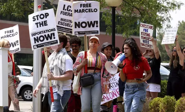 Supporters gather outside federal court in support of Marcelo Gomes da Silva, who was arrested on his way to volleyball practice last weekend, on Thursday, June 5, 2025 in Milford, Mass. (AP Photo/Mark Stockwell)(AP Photo/Mark Stockwell)