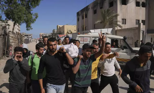Palestinians carry the body of Hosam Wafi who, according to family members, was killed in an Israeli strike, during his funeral in Khan Younis, southern Gaza Strip, Monday, June 2, 2025. (AP Photo/Abdel Kareem Hana)