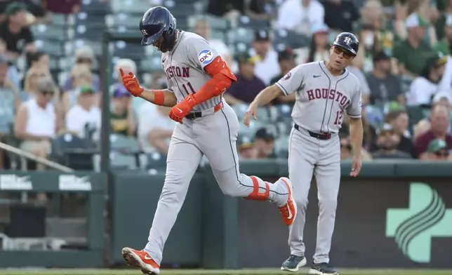Houston Astros' Cam Smith (11) gestures after rounding third base after hitting a solo home run against the Athletics during the second inning of a baseball game Tuesday, June 17, 2025, in West Sacramento, Calif. (AP Photo/Scott Marshall)