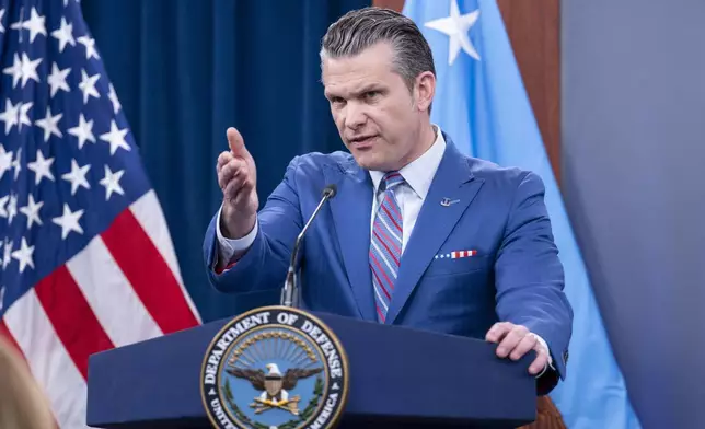 Defense Secretary Pete Hegseth speaks during a news conference at the Pentagon, Thursday, June 26, 2025 in Washington. (AP Photo/Kevin Wolf)
