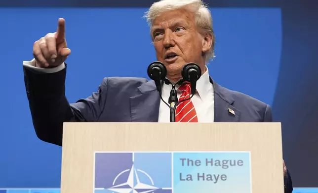 President Donald Trump points as he speaks during a media conference at the end of the NATO summit in The Hague, Netherlands, Wednesday, June 25, 2025. (AP Photo/Alex Brandon)