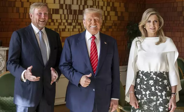 President Donald Trump poses with Netherland's King Willem Alexander and Netherland's Queen Maxima at the Paleis Huis den Bosch prior to attending a NATO summit in The Hague, Netherlands, Wednesday, June 25, 2025. (Frank van Beek, Pool Photo via AP)