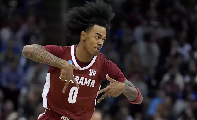 FILE - Alabama guard Labaron Philon (0) reacts during the first half of an Elite Eight round NCAA college basketball tournament game against Duke, Saturday, March 29, 2025, in Newark, N.J. (AP Photo/Julia Demaree Nikhinson, File)