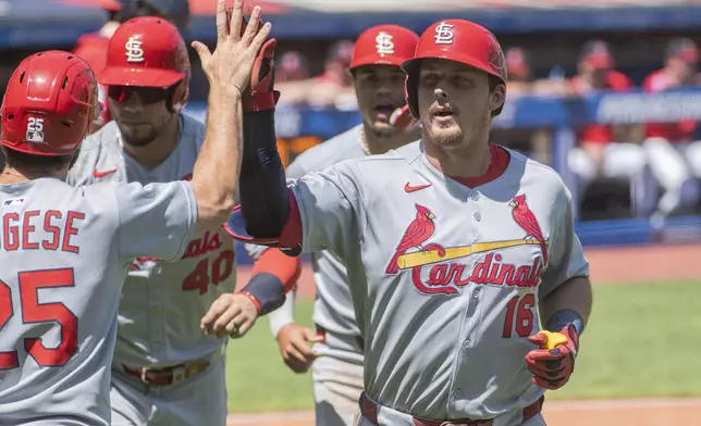 St. Louis Cardinals' Thomas Saggese, left, congratulates Nolan Gorman after his three- run home run off Cleveland Guardians starting pitcher Logan Allen during the first inning of a baseball game, Sunday, June 29, 2025, in Cleveland. (AP Photo/Phil Long)