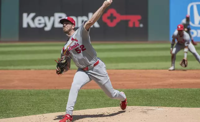 St. Louis Cardinals starting pitcher Matthew Liberatore delivers against the Cleveland Guardians during the first inning of a baseball game, Sunday, June 29, 2025, in Cleveland. (AP Photo/Phil Long)