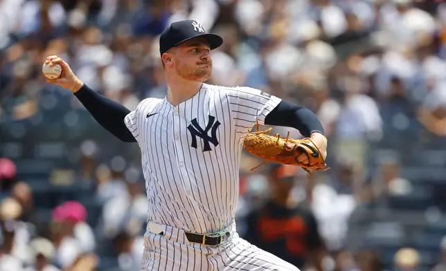 New York Yankees pitcher Clarke Schmidt (36) throws during the first inning of a baseball game against the Baltimore Orioles, Saturday, June 21, 2025, in New York. (AP Photo/Noah K. Murray)
