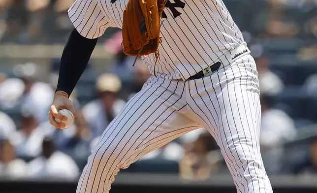 New York Yankees pitcher Clarke Schmidt (36) throws during the first inning of a baseball game against the Baltimore Orioles, Saturday, June 21, 2025, in New York. (AP Photo/Noah K. Murray)