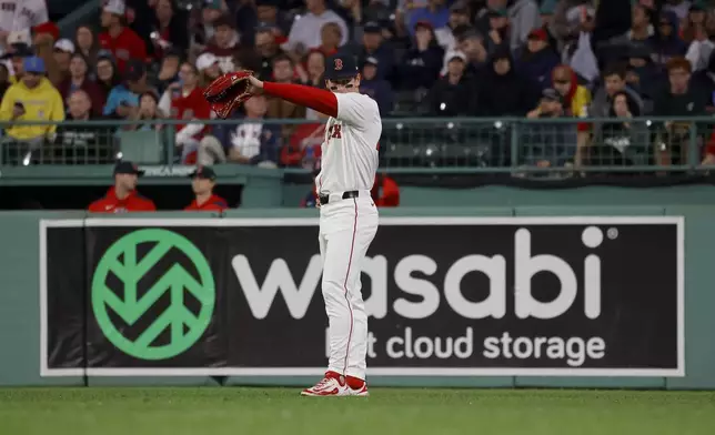 Boston Red Sox right fielder Roman Anthony reacts after committing a fielding error on a line drive from Tampa Bay Rays batter Yandy Díaz during the fifth inning of a baseball game at Fenway Park, Monday, June 9, 2025, in Boston. (AP Photo/Mary Schwalm)
