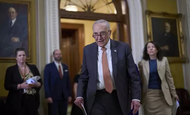 Senate Minority Leader Chuck Schumer, D-N.Y., arrives for a news conference where he commented on Elon Musk's criticism of President Donald Trump's spending and tax bill, at the Capitol in Washington, Tuesday, June 3, 2025. (AP Photo/J. Scott Applewhite)