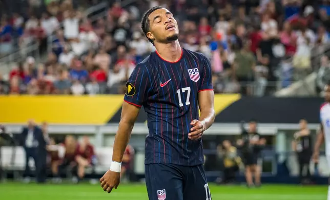 United States forward Malik Tillman (17) reacts after missing a chance at goal during a CONCACAF Gold Cup soccer match against Haiti, Sunday, June 22, 2025, in Arlington, Texas. (AP Photo/Jessica Tobias)
