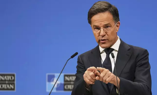 FILE - NATO Secretary General Mark Rutte speaks during a media conference prior to a meeting of the Ukraine Defense Contact Group at the NATO headquarters in Brussels, Wednesday, June 4, 2025. (AP Photo/Virginia Mayo, File)