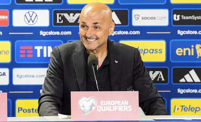 Italy's soccer coach Luciano Spalletti attends a press conference at Ullevaal Stadium, Oslo, Thursday June 5, 2025, a day ahead of the World Cup qualification match against Norway. (Lise Åserud/NTB via AP)