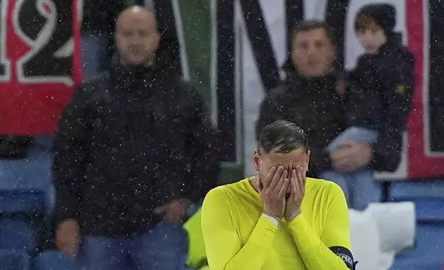Italy's Gianluigi Donnarumma reacts after a World Cup qualifying soccer match against Norway, Friday, June 6, 2025, at Ullevaal Stadium in Oslo, Norway. (Spada/LaPresse via AP)