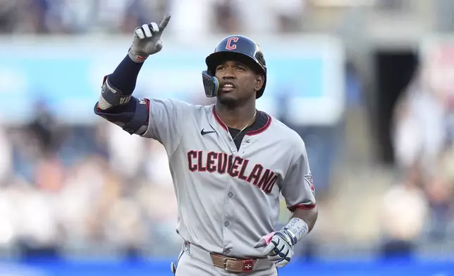 Cleveland Guardians' Angel Martínez gestures as he runs the bases after hitting a two-run home run during the first inning of a baseball game against the New York Yankees, Wednesday, June 4, 2025, in New York. (AP Photo/Frank Franklin II)