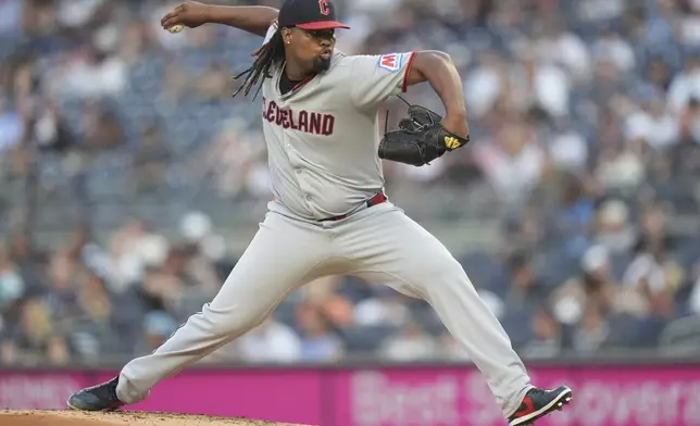 Cleveland Guardians' Luis L. Ortiz pitches during the first inning of a baseball game against the New York Yankees, Wednesday, June 4, 2025, in New York. (AP Photo/Frank Franklin II)