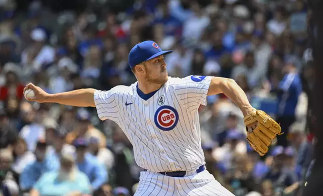 Chicago Cubs pitcher Jameson Taillon delivers during the first inning of a baseball game against the Cincinnati Reds, Sunday, June 1, 2025, in Chicago. (AP Photo/Matt Marton)