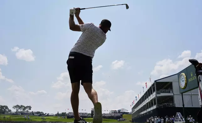 Dustin Johnson tees off on the 13th hole during a practice round ahead of the U.S. Open golf tournament at Oakmont Country Club Tuesday, June 10, 2025, in Oakmont, Pa. (AP Photo/Carolyn Kaster)
