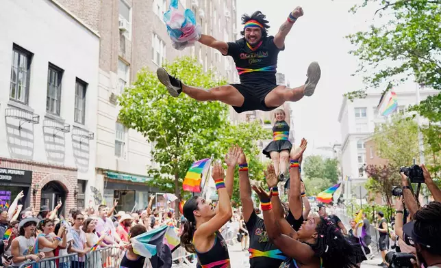 Members of Gotham Cheer perform during the NYC Pride March on Sunday, June 29, 2025, in New York. (Photo by Charles Sykes/Invision/AP)