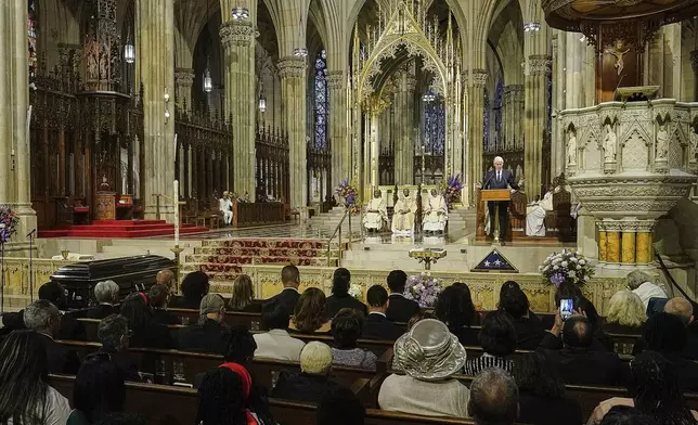 Former President Bill Clinton speaks during the funeral for former Rep. Charles Rangel, D-N.Y., at New York's St.Patrick's Cathedral, Friday, June 13, 2025. (AP Photo/Richard Drew)