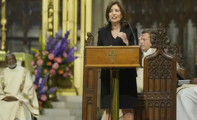 NY Gov. Kathy Hochul speaks during the funeral for former Rep. Charles Rangel, D-N.Y., at New York's St.Patrick's Cathedral, Friday, June 13, 2025. (AP Photo/Richard Drew)
