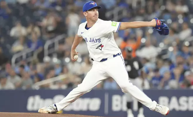 Toronto Blue Jays pitcher Chris Bassitt (40) works against Chicago White Sox during the first inning of a baseball game in Toronto, Sunday June 22, 2025. (Chris Young/The Canadian Press via AP)